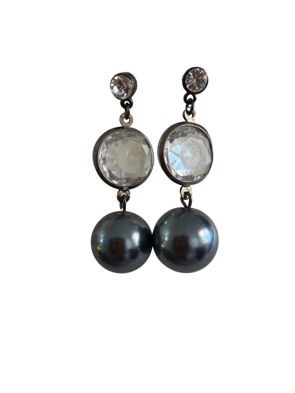 Gunmetal Black Faux Pearl Clear Rhinestone Dangle Earrings Bauble Chunky 1.5"
